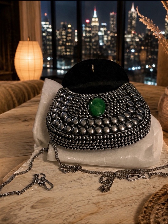 Ramla Handbags - RAMLA Porte Moi Mosaic Moroccan Crossbody Clutch Silver Studded Green Stone NIP